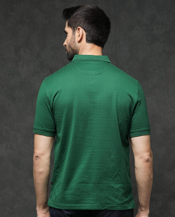 Rare Rabbit Men's Dafo Green Cotton Fabric Half Sleeves Jacquard Textured Polo T-Shirt