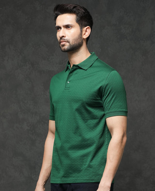 Rare Rabbit Men's Dafo Green Cotton Fabric Half Sleeves Jacquard Textured Polo T-Shirt
