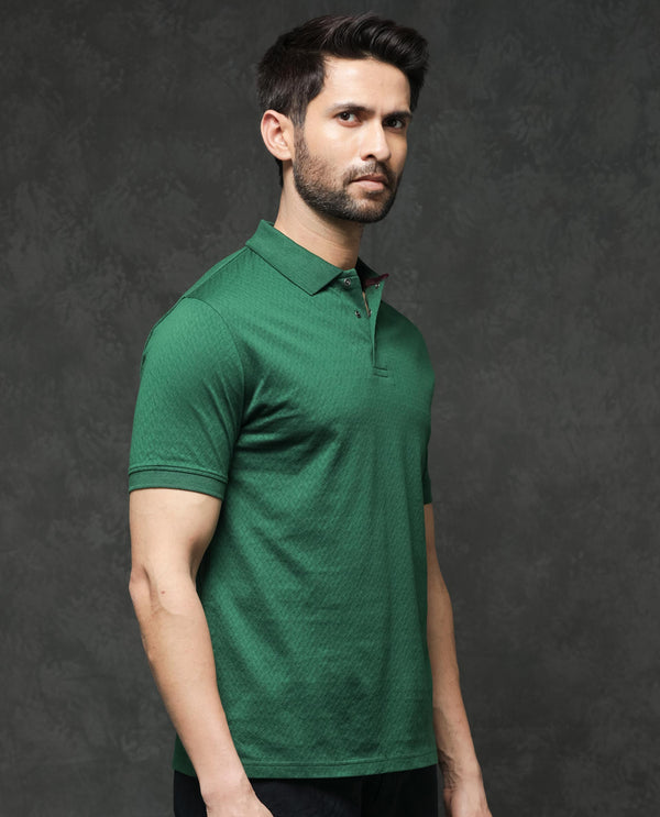 Rare Rabbit Men's Dafo Green Cotton Fabric Half Sleeves Jacquard Textured Polo T-Shirt