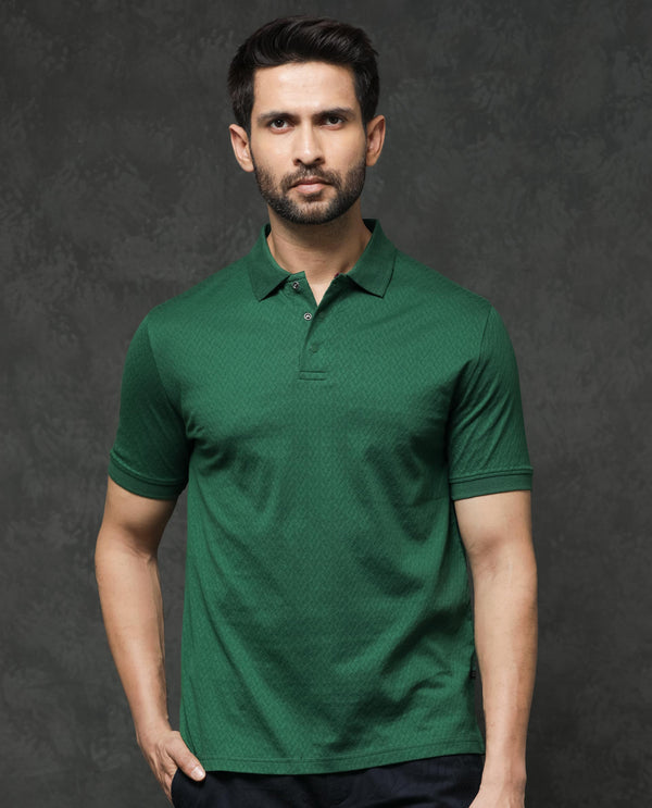 Rare Rabbit Men's Dafo Green Cotton Fabric Half Sleeves Jacquard Textured Polo T-Shirt