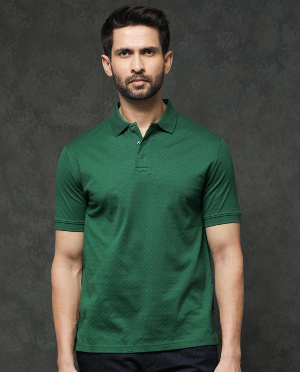 Rare Rabbit Men's Dafo Green Cotton Fabric Half Sleeves Jacquard Textured Polo T-Shirt