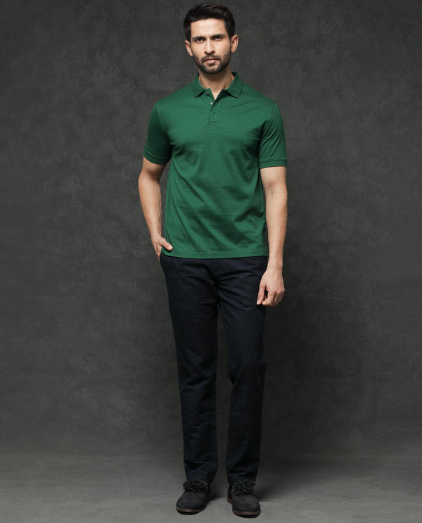 Rare Rabbit Men's Dafo Green Cotton Fabric Half Sleeves Jacquard Textured Polo T-Shirt