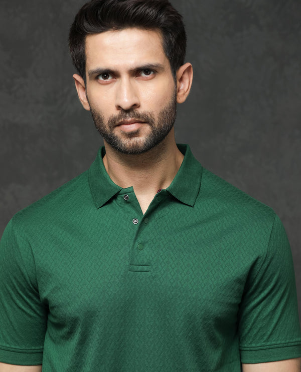 Rare Rabbit Men's Dafo Green Cotton Fabric Half Sleeves Jacquard Textured Polo T-Shirt