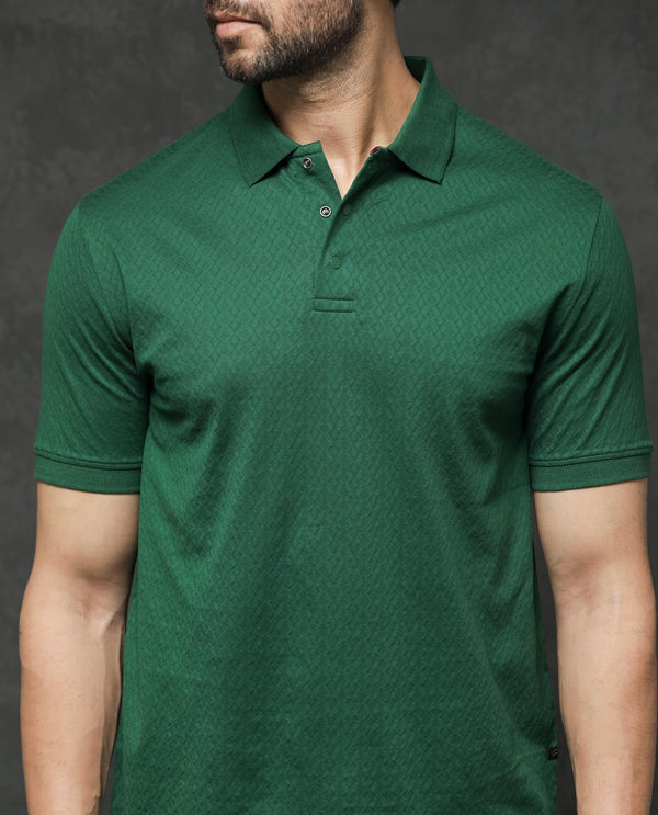 Rare Rabbit Men's Dafo Green Cotton Fabric Half Sleeves Jacquard Textured Polo T-Shirt