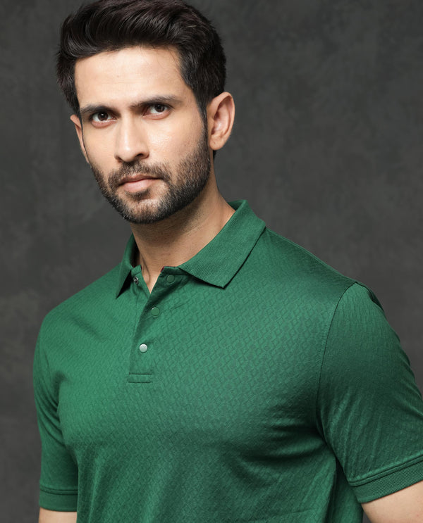 Rare Rabbit Men's Dafo Green Cotton Fabric Half Sleeves Jacquard Textured Polo T-Shirt
