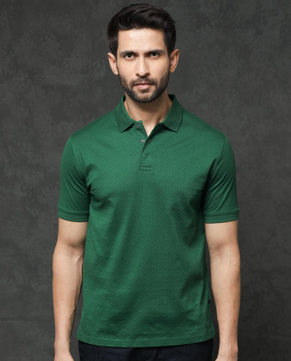 Rare Rabbit Men's Dafo Green Cotton Fabric Half Sleeves Jacquard Textured Polo T-Shirt