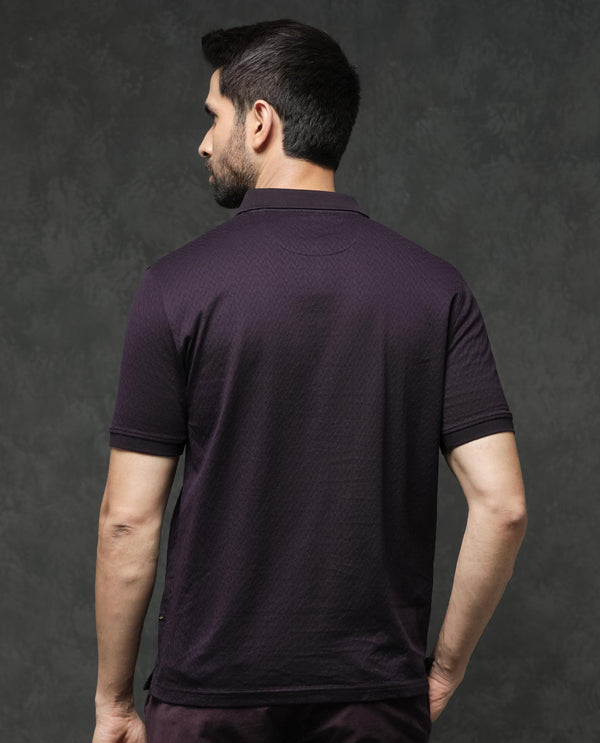 Rare Rabbit Men's Dafo Purple Cotton Fabric Half Sleeves Jacquard Polo T-Shirt