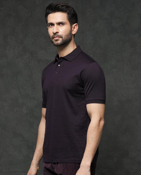 Rare Rabbit Men's Dafo Purple Cotton Fabric Half Sleeves Jacquard Polo T-Shirt