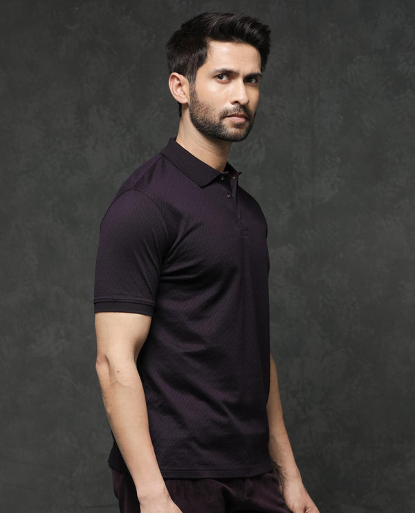 Rare Rabbit Men's Dafo Purple Cotton Fabric Half Sleeves Jacquard Polo T-Shirt