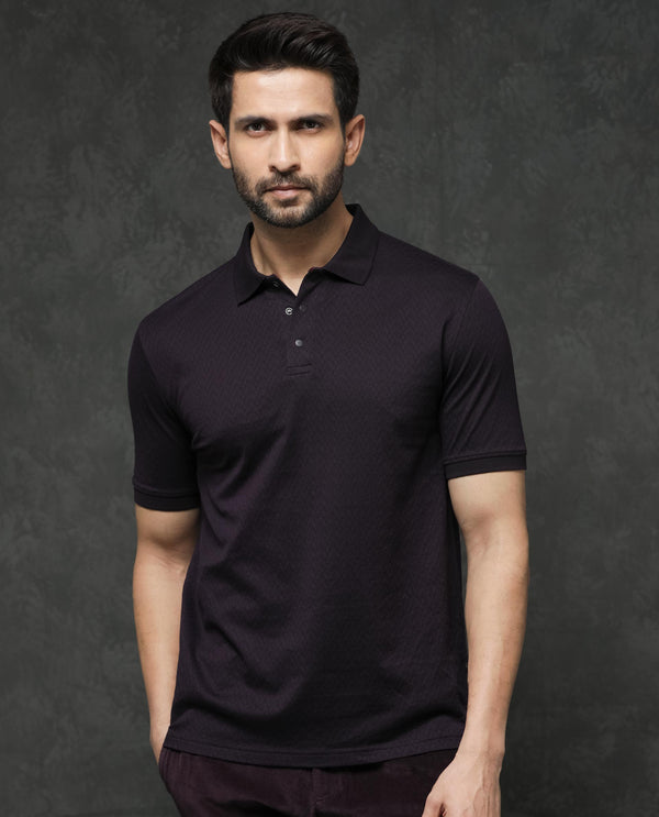 Rare Rabbit Men's Dafo Purple Cotton Fabric Half Sleeves Jacquard Polo T-Shirt