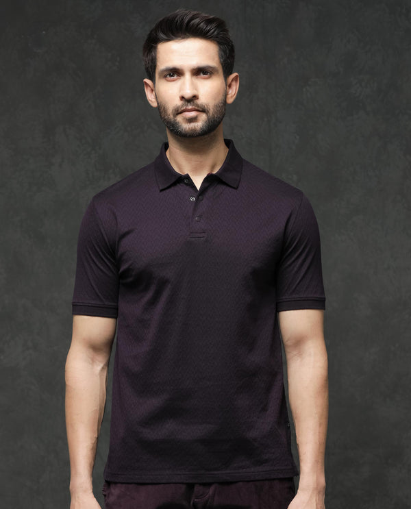 Rare Rabbit Men's Dafo Purple Cotton Fabric Half Sleeves Jacquard Polo T-Shirt