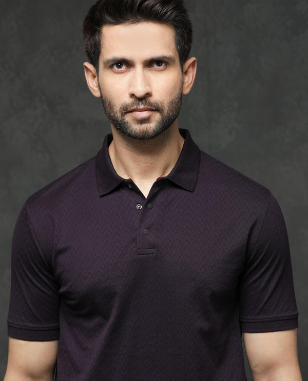 Rare Rabbit Men's Dafo Purple Cotton Fabric Half Sleeves Jacquard Polo T-Shirt