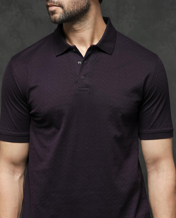 Rare Rabbit Men's Dafo Purple Cotton Fabric Half Sleeves Jacquard Polo T-Shirt