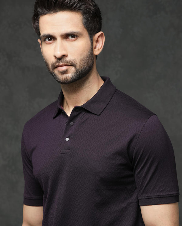 Rare Rabbit Men's Dafo Purple Cotton Fabric Half Sleeves Jacquard Polo T-Shirt