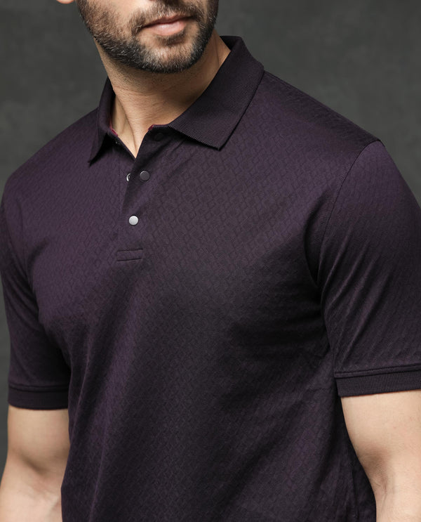 Rare Rabbit Men's Dafo Purple Cotton Fabric Half Sleeves Jacquard Polo T-Shirt