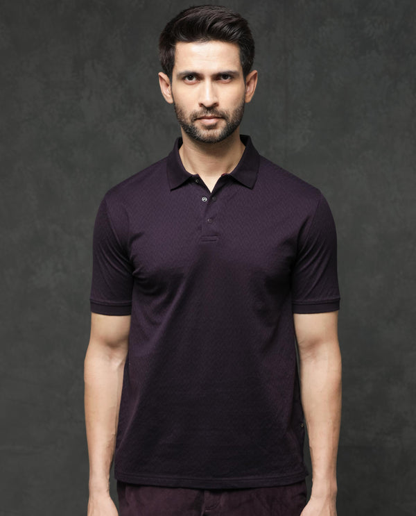 Rare Rabbit Men's Dafo Purple Cotton Fabric Half Sleeves Jacquard Polo T-Shirt