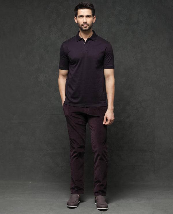 Rare Rabbit Men's Dafo Purple Cotton Fabric Half Sleeves Jacquard Polo T-Shirt