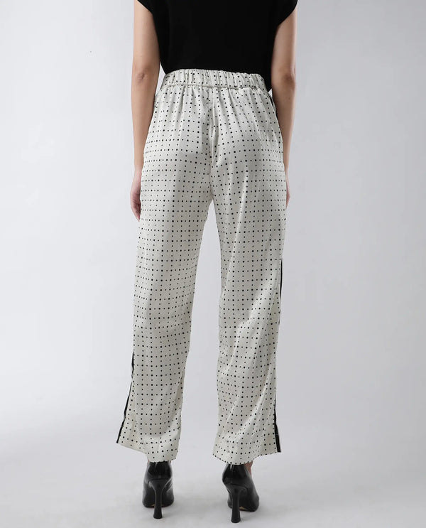 Rareism Women Dales Beige Polyester Fabric Tailored Fit Polka Ankle Length Trousers