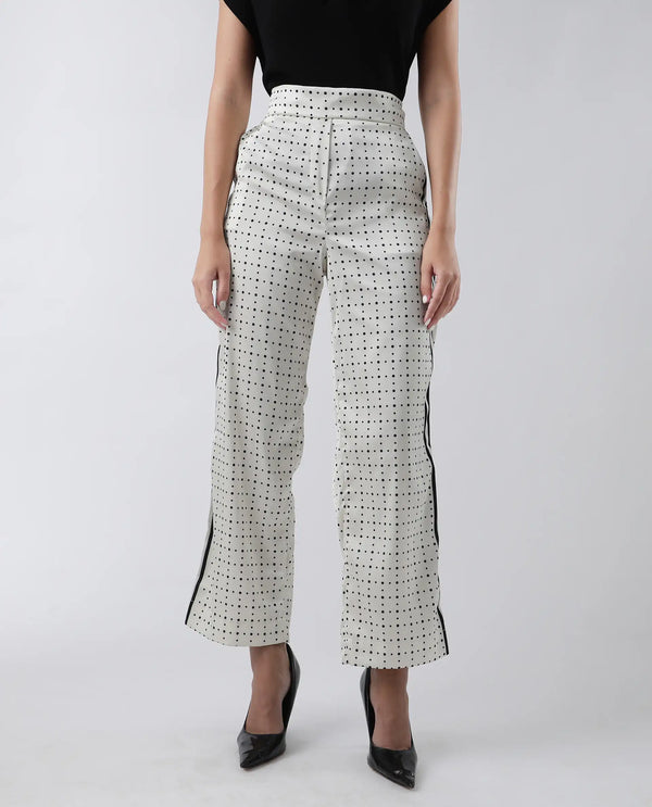 Rareism Women Dales Beige Polyester Fabric Tailored Fit Polka Ankle Length Trousers