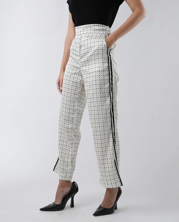 Rareism Women Dales Beige Polyester Fabric Tailored Fit Polka Ankle Length Trousers
