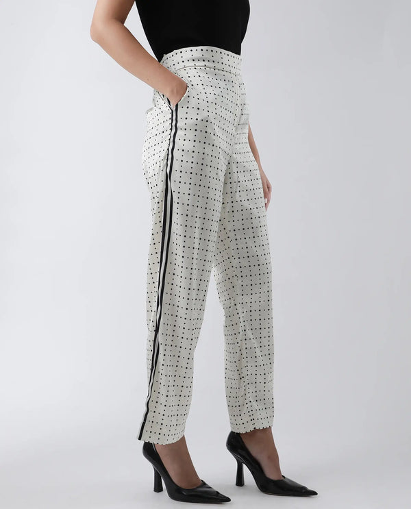 Rareism Women Dales Beige Polyester Fabric Tailored Fit Polka Ankle Length Trousers