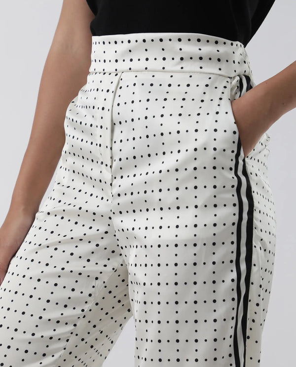 Rareism Women Dales Beige Polyester Fabric Tailored Fit Polka Ankle Length Trousers
