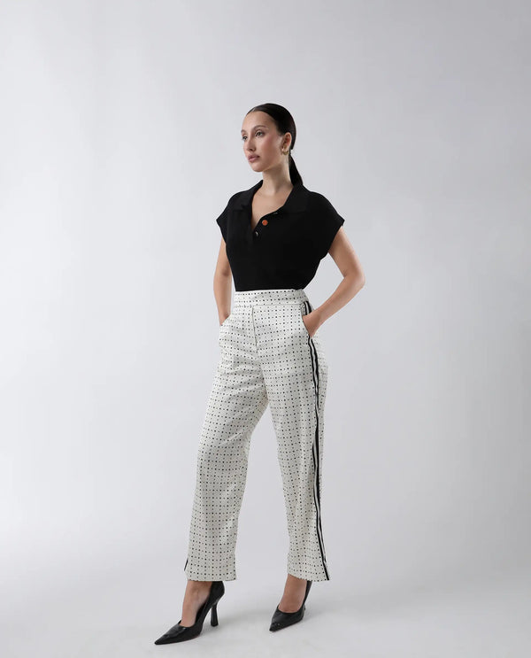 Rareism Women Dales Beige Polyester Fabric Tailored Fit Polka Ankle Length Trousers