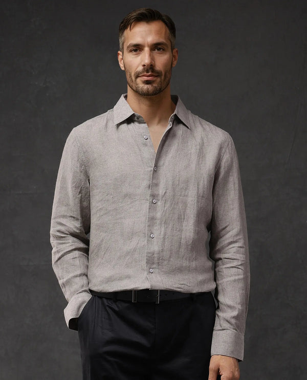 Rare Rabbit Men Dalin Beige Full Sleeve Melange Linen Fabric Regular Fit Plain Shirt