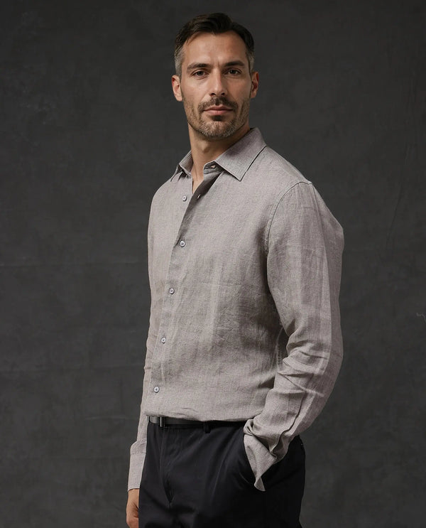 Rare Rabbit Men Dalin Beige Full Sleeve Melange Linen Fabric Regular Fit Plain Shirt
