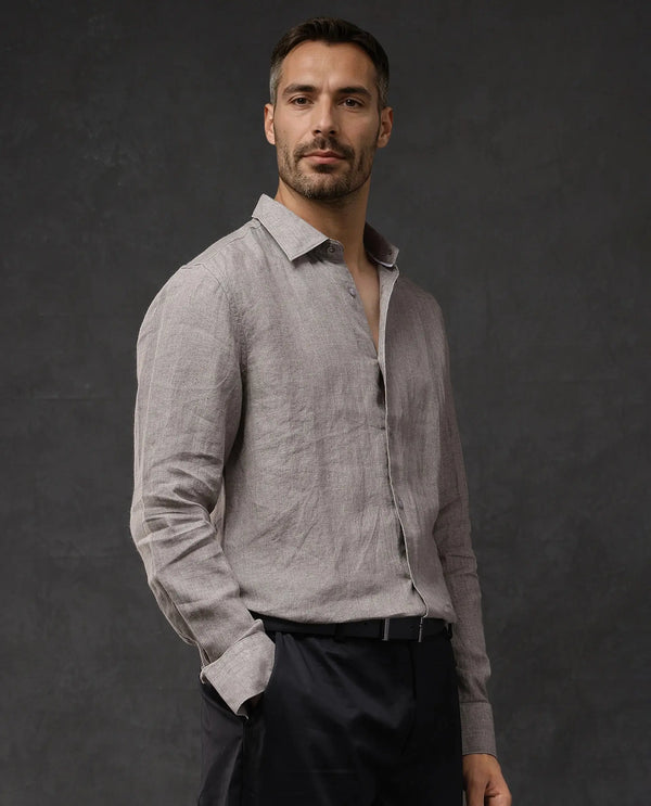 Rare Rabbit Men Dalin Beige Full Sleeve Melange Linen Fabric Regular Fit Plain Shirt