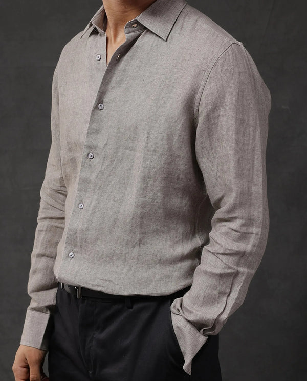 Rare Rabbit Men Dalin Beige Full Sleeve Melange Linen Fabric Regular Fit Plain Shirt