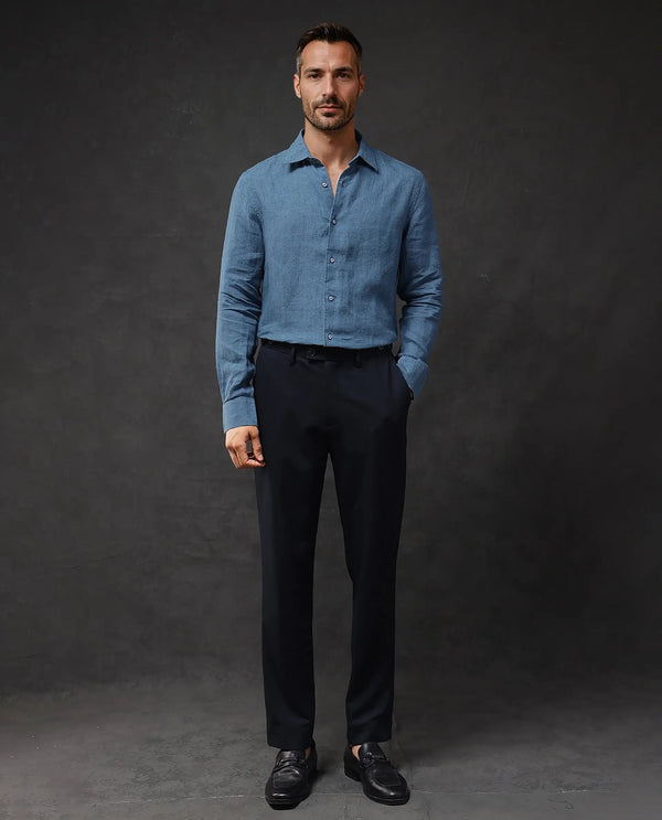Rare Rabbit Men Dalin Blue Full Sleeve Melange Linen Fabric Regular Fit Plain Shirt