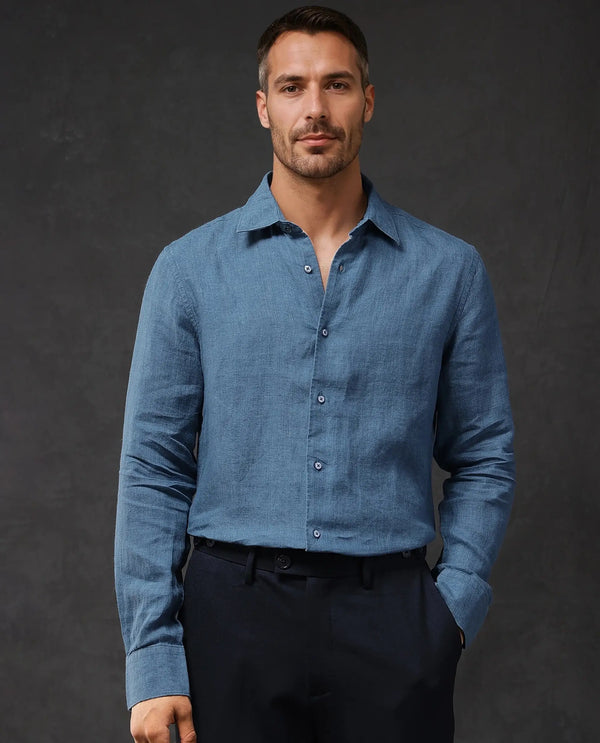 Rare Rabbit Men Dalin Blue Full Sleeve Melange Linen Fabric Regular Fit Plain Shirt