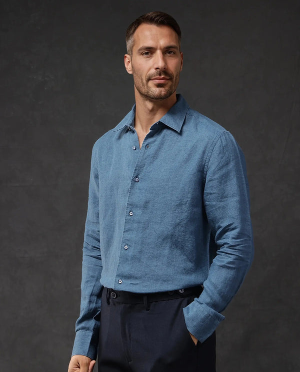Rare Rabbit Men Dalin Blue Full Sleeve Melange Linen Fabric Regular Fit Plain Shirt