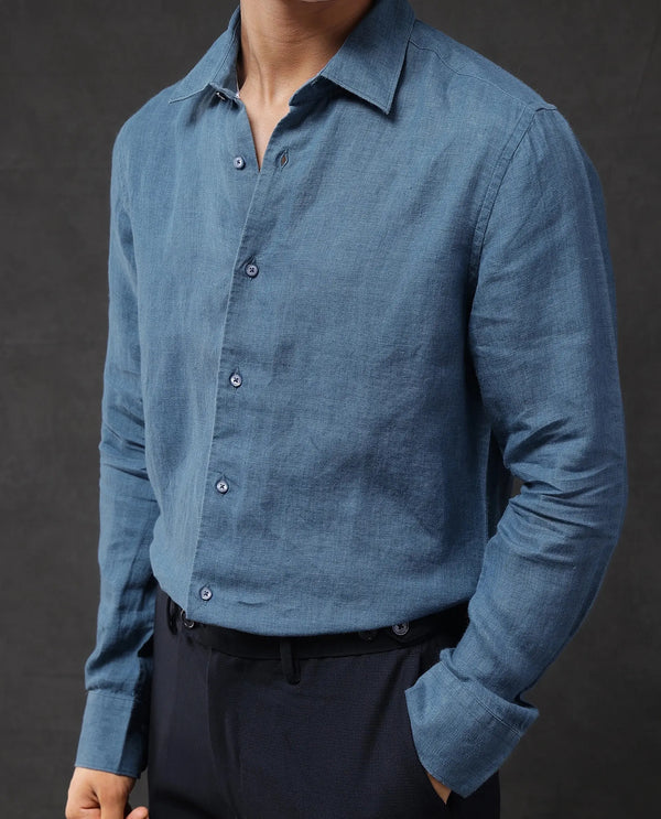Rare Rabbit Men Dalin Blue Full Sleeve Melange Linen Fabric Regular Fit Plain Shirt