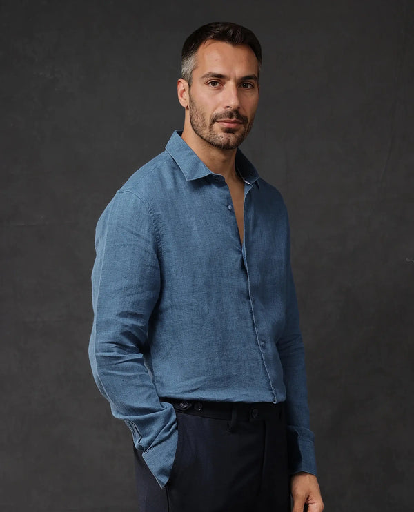 Rare Rabbit Men Dalin Blue Full Sleeve Melange Linen Fabric Regular Fit Plain Shirt