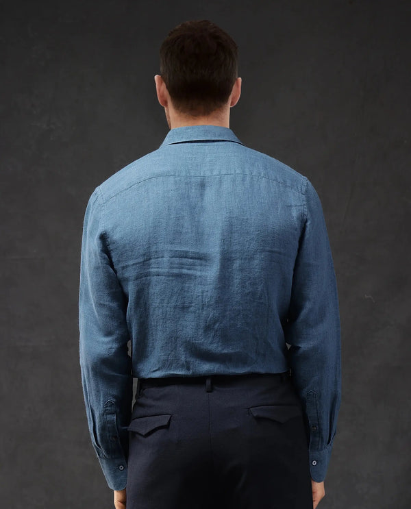 Rare Rabbit Men Dalin Blue Full Sleeve Melange Linen Fabric Regular Fit Plain Shirt