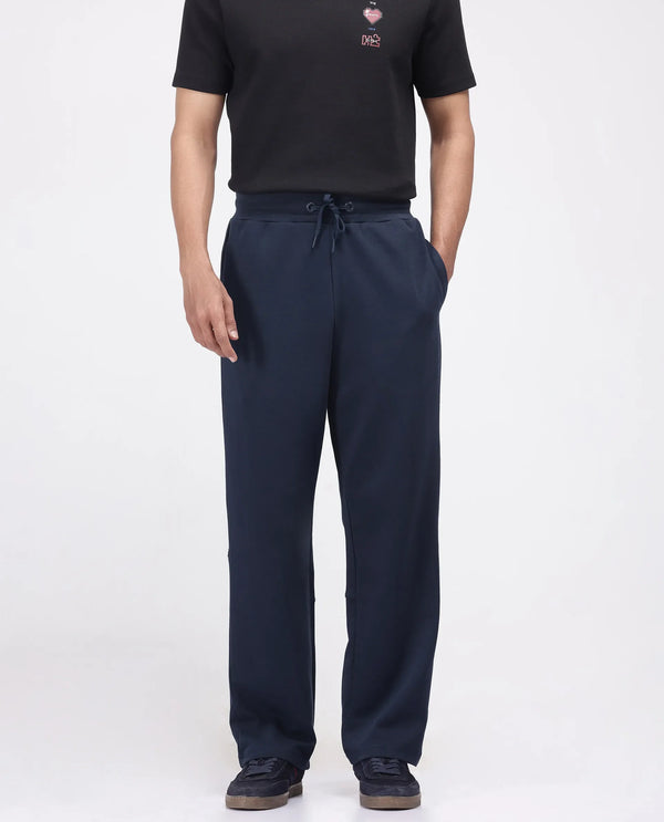 Rare Rabbit Men Dalton Navy Cotton Elastane Fabric Baggy Fit Plain Knitted Trouser