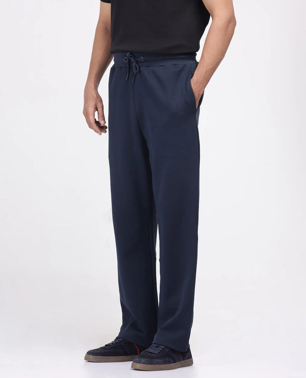 Rare Rabbit Men Dalton Navy Cotton Elastane Fabric Baggy Fit Plain Knitted Trouser