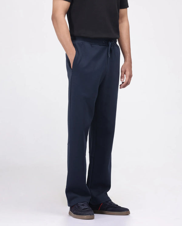 Rare Rabbit Men Dalton Navy Cotton Elastane Fabric Baggy Fit Plain Knitted Trouser