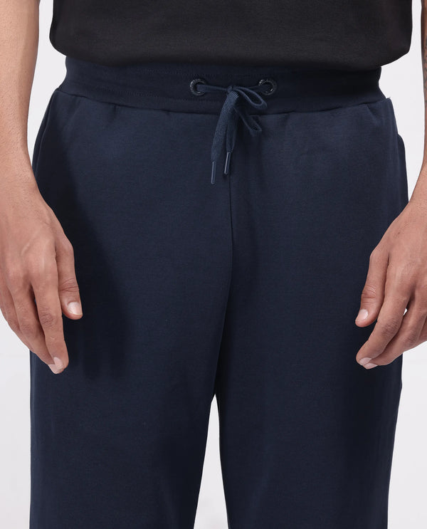 Rare Rabbit Men Dalton Navy Cotton Elastane Fabric Baggy Fit Plain Knitted Trouser
