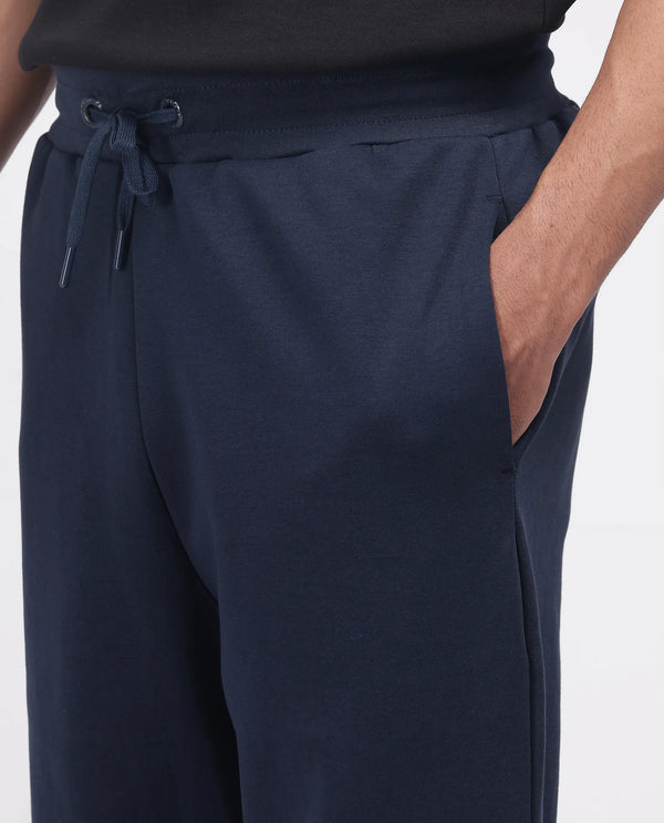 Rare Rabbit Men Dalton Navy Cotton Elastane Fabric Baggy Fit Plain Knitted Trouser