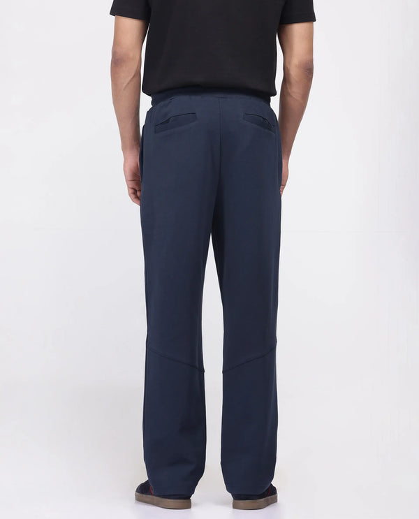Rare Rabbit Men Dalton Navy Cotton Elastane Fabric Baggy Fit Plain Knitted Trouser