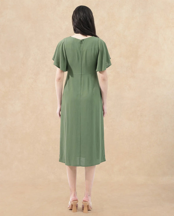 Rareism Women's Dana Green Crew Neck Zipper Closure Ruffled Sleeve Plain Fit And Flare Midi Dress