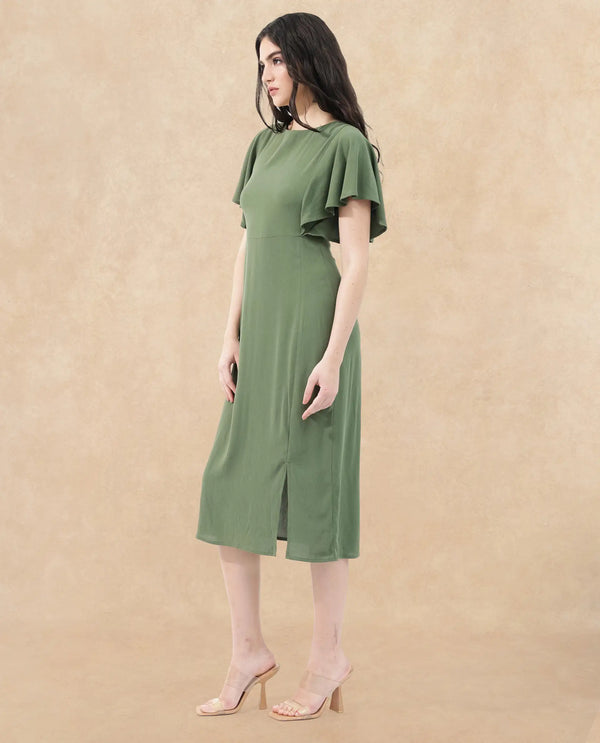 Rareism Women's Dana Green Crew Neck Zipper Closure Ruffled Sleeve Plain Fit And Flare Midi Dress