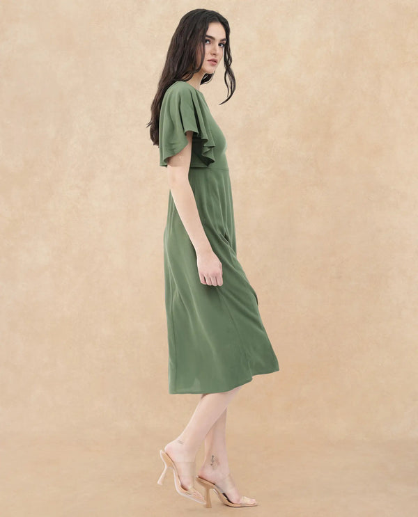 Rareism Women's Dana Green Crew Neck Zipper Closure Ruffled Sleeve Plain Fit And Flare Midi Dress