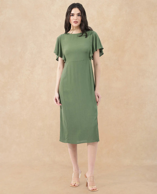 Rareism Women's Dana Green Crew Neck Zipper Closure Ruffled Sleeve Plain Fit And Flare Midi Dress