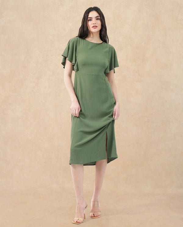 Rareism Women's Dana Green Crew Neck Zipper Closure Ruffled Sleeve Plain Fit And Flare Midi Dress