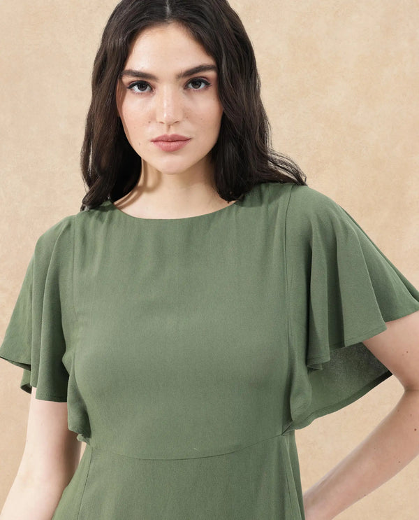 Rareism Women's Dana Green Crew Neck Zipper Closure Ruffled Sleeve Plain Fit And Flare Midi Dress