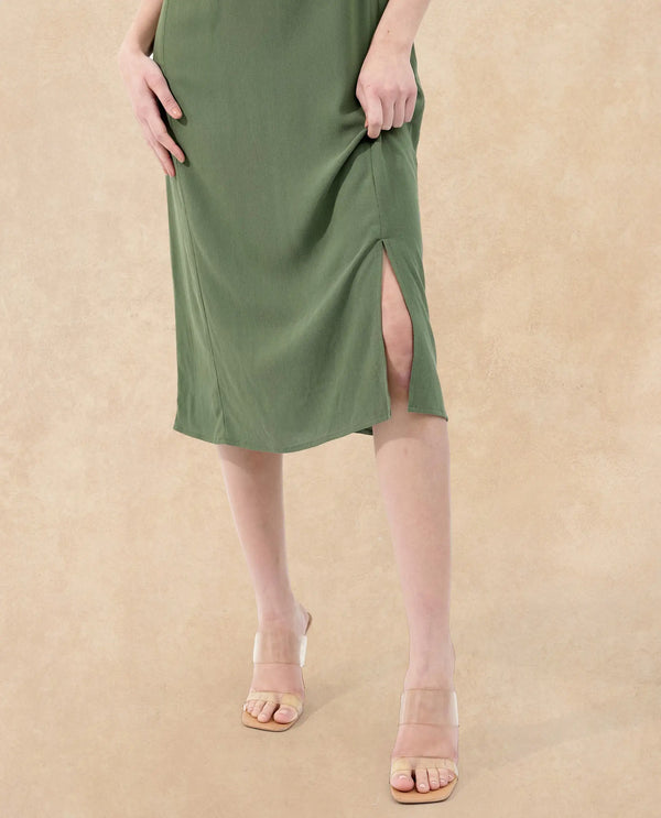 Rareism Women's Dana Green Crew Neck Zipper Closure Ruffled Sleeve Plain Fit And Flare Midi Dress